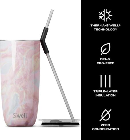 S'well Stainless Steel Tumbler with Straw and Slide-Open Lid, 24oz, Marble Swirl, Triple Layered Vacuum Insulated Containers Keeps Drinks Cold for 18 Hours and Hot for 5, BPA Free in Kuwait