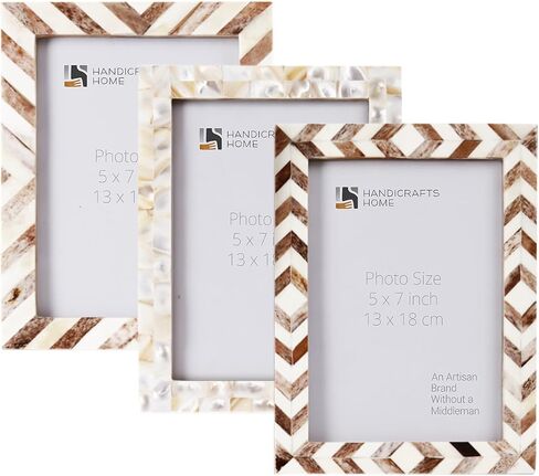 Handicrafts Home 5x7 Picture Frames Set of 3, Made Mother of Pearl, Covered by Plexiglass Display 5x7 Pictures, for Table Top Display and Wall Mounting Photo Frame, White in Saudi Arabia