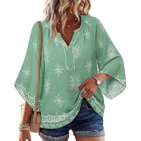 VALOLIA Womens Boho Tops 3/4 Sleeve V Neck Casual Loose Fit Blouses Shirt Bohemian Vacation Clothes in Saudi Arabia
