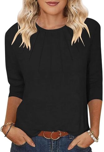 3 عبوات 3/4 طول الأكمام نساء قمم غير رسمية حول رقبة جولة Tunic Tunic Tunic Plateed Summer Summer Fall Cloths 2025 in Kuwait