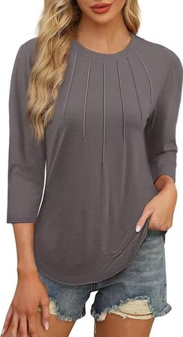 3 عبوات 3/4 طول الأكمام نساء قمم غير رسمية حول رقبة جولة Tunic Tunic Tunic Plateed Summer Summer Fall Cloths 2025 in Kuwait