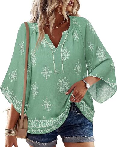 VALOLIA Womens Boho Tops 3/4 Sleeve V Neck Casual Loose Fit Blouses Shirt Bohemian Vacation Clothes in Saudi Arabia