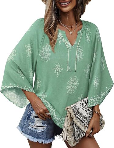 VALOLIA Womens Boho Tops 3/4 Sleeve V Neck Casual Loose Fit Blouses Shirt Bohemian Vacation Clothes in Saudi Arabia