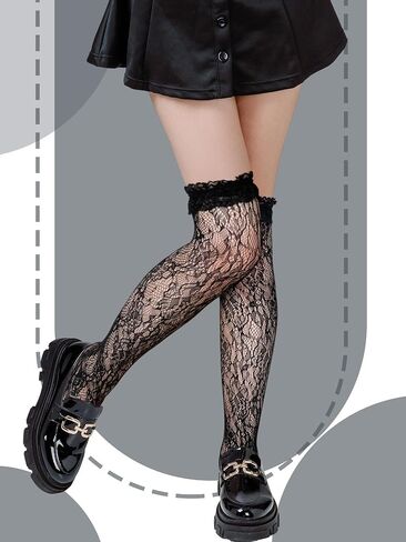 Fourluoo 4 Pairs Women Lace Thigh High Stockings with Bow Fishnet Knee High Socks for Spring Summer in Saudi Arabia