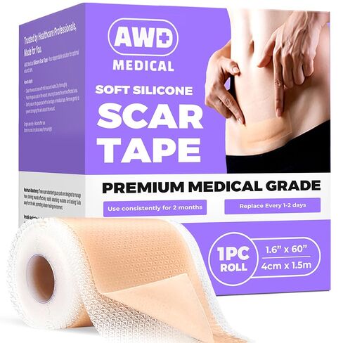 AWD Silicone Scar Sheets for Surgical Scars - Seamless Medical Grade Silicone Scar Tape for C Section, Tummy Tuck Tape - Silicone Skin Patches After Surgery Must Haves (1.6" x 60" Seamless Roll) in Kuwait