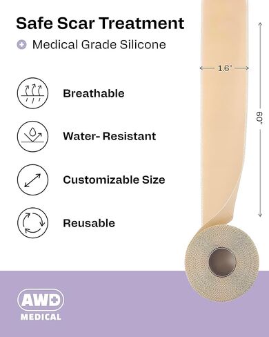 AWD Silicone Scar Sheets for Surgical Scars - Seamless Medical Grade Silicone Scar Tape for C Section, Tummy Tuck Tape - Silicone Skin Patches After Surgery Must Haves (1.6" x 60" Seamless Roll) in Kuwait