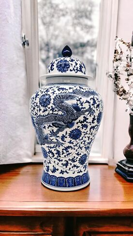 20" Classic Blue and White Porcelain Floral Temple Dragon Jar Vase, China Ming Style, Jingdezhen in Saudi Arabia