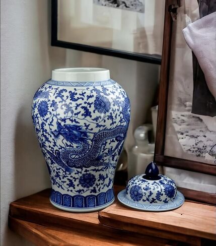 20" Classic Blue and White Porcelain Floral Temple Dragon Jar Vase, China Ming Style, Jingdezhen in Saudi Arabia