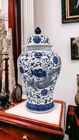 20" Classic Blue and White Porcelain Floral Temple Dragon Jar Vase, China Ming Style, Jingdezhen in Saudi Arabia