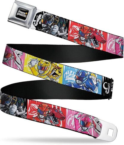 Power Rangers Belt, Seatbelt Buckle Belt, Power Rangers Pose With Zord and Icon Blocks Multi Color, Adjustable in Saudi Arabia