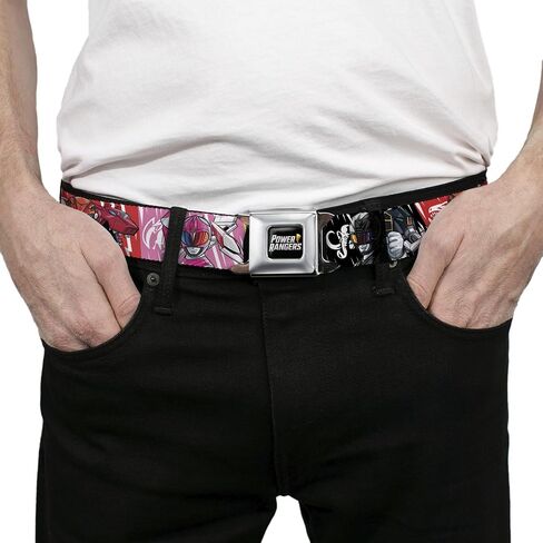 Power Rangers Belt, Seatbelt Buckle Belt, Power Rangers Pose With Zord and Icon Blocks Multi Color, Adjustable in Saudi Arabia