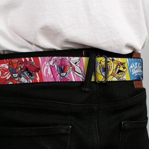 Power Rangers Belt, Seatbelt Buckle Belt, Power Rangers Pose With Zord and Icon Blocks Multi Color, Adjustable in Saudi Arabia