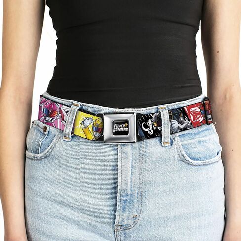 Power Rangers Belt, Seatbelt Buckle Belt, Power Rangers Pose With Zord and Icon Blocks Multi Color, Adjustable in Saudi Arabia