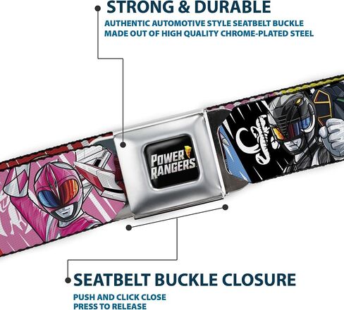 Power Rangers Belt, Seatbelt Buckle Belt, Power Rangers Pose With Zord and Icon Blocks Multi Color, Adjustable in Saudi Arabia