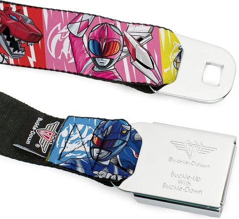 Power Rangers Belt, Seatbelt Buckle Belt, Power Rangers Pose With Zord and Icon Blocks Multi Color, Adjustable in Saudi Arabia