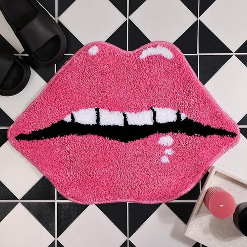 Panstar Red Lips Bathroom Rug, Cute Funny Biting Lips Shaped Bath Mat Non Slip Absorbent Bathtub Rug Bathroom Plush Shower Rugs in Saudi Arabia