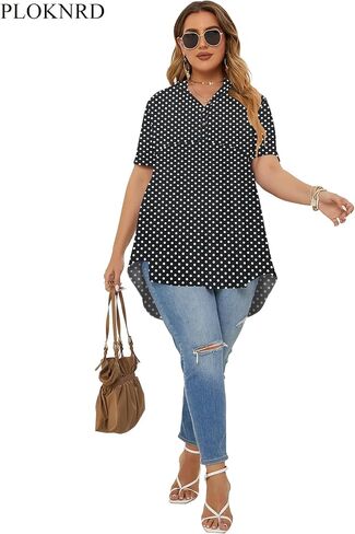 PLOKNRD ملابس علوية نسائية بمقاسات كبيرة وأكمام قصيرة ورقبة على شكل حرف V وأزرار علوية واسعة وتونك وبلوزات فضفاضة باللون الأحمر الخمري in Kuwait