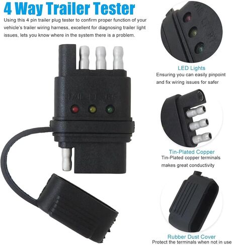 Sturdy ABS 4 PIN Trailer Plug Tester | نهاية مزدوجة (ذكر/أنثى) الأسلاك واختبار الضوء مع مصابيح LED مشرقة لإشارة الدوران ، أضواء الذيل in Kuwait