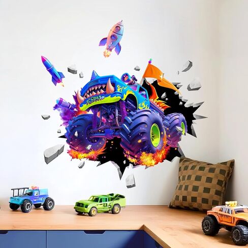 Supzone 3D Racing Car Wall Decals for Boys Room, Fast Racing Truck Break Through The Wall Vinyl Wall Sticker for Kids Room Nursery Playroom Classroom Wall Decor in Saudi Arabia