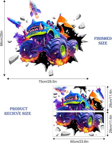Supzone 3D Racing Car Wall Decals for Boys Room, Fast Racing Truck Break Through The Wall Vinyl Wall Sticker for Kids Room Nursery Playroom Classroom Wall Decor in Saudi Arabia