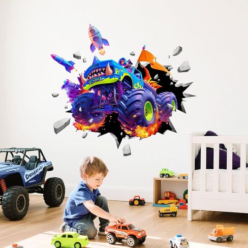 Supzone 3D Racing Car Wall Decals for Boys Room, Fast Racing Truck Break Through The Wall Vinyl Wall Sticker for Kids Room Nursery Playroom Classroom Wall Decor in Saudi Arabia