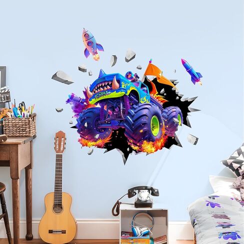 Supzone 3D Racing Car Wall Decals for Boys Room, Fast Racing Truck Break Through The Wall Vinyl Wall Sticker for Kids Room Nursery Playroom Classroom Wall Decor in Saudi Arabia