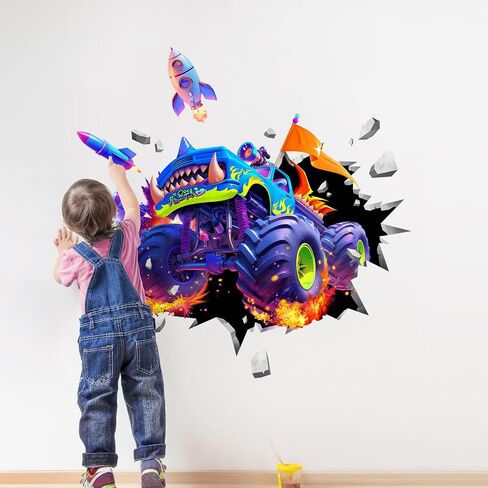 Supzone 3D Racing Car Wall Decals for Boys Room, Fast Racing Truck Break Through The Wall Vinyl Wall Sticker for Kids Room Nursery Playroom Classroom Wall Decor in Saudi Arabia