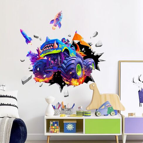 Supzone 3D Racing Car Wall Decals for Boys Room, Fast Racing Truck Break Through The Wall Vinyl Wall Sticker for Kids Room Nursery Playroom Classroom Wall Decor in Saudi Arabia