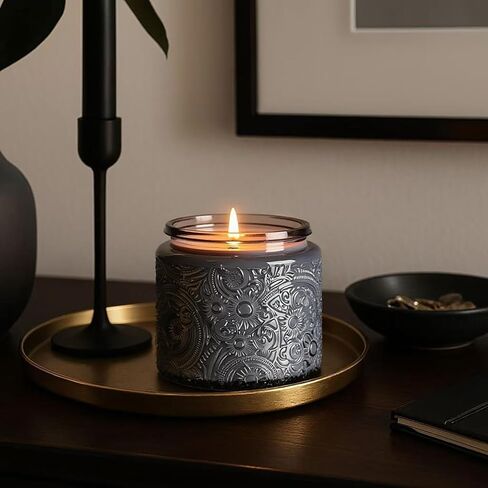 حاوية شمعة زجاجية 10 أوقية مع أغطية الخيزران والملصقات ، وربات شمعة واضحة لصنع الشموع ، وتصميم Sun Moon Stars - حزمة 9 (العنبر) in Kuwait
