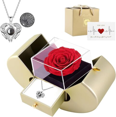 Preserved Red Real Rose Box with I Love You in 100 Languages Necklace,Gifts for Girlfriend/Women/Mom/Wife/Best Friend on Valentine's Day/Birthday/Christmas in Kuwait