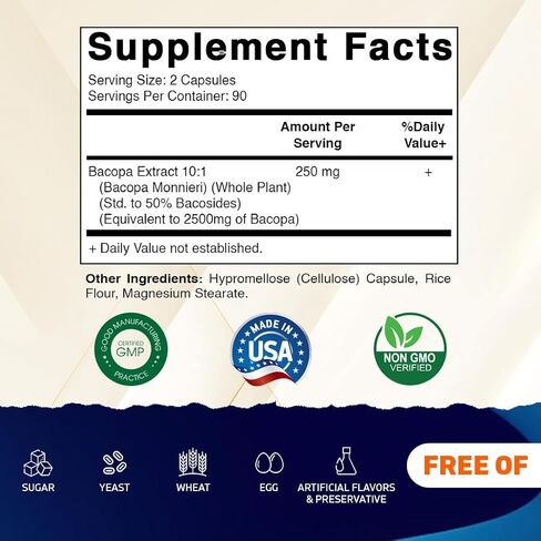 باكوبا باكوبا مونيراي 2500 ملغ مكافئة لكل وجبة (من 10: 1 خلاصة 250 ملغ) مكمل عشبي nootropic - 50 ٪ من الباكسيدات ، غير المعدلة وراثيا وخالية من الغلوتين - 180 كبسولات الخضار in Saudi Arabia