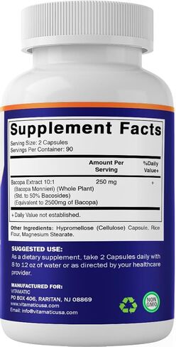 باكوبا باكوبا مونيراي 2500 ملغ مكافئة لكل وجبة (من 10: 1 خلاصة 250 ملغ) مكمل عشبي nootropic - 50 ٪ من الباكسيدات ، غير المعدلة وراثيا وخالية من الغلوتين - 180 كبسولات الخضار in Saudi Arabia