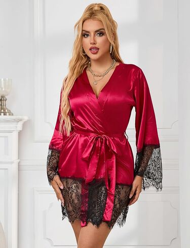 بالإضافة إلى حجم رداء Kimono للنساء الملابس الداخلية الحرير المريحة مجموعة Sxey Lace Trim Babydoll Sleep With With Belt and Thong in Saudi Arabia