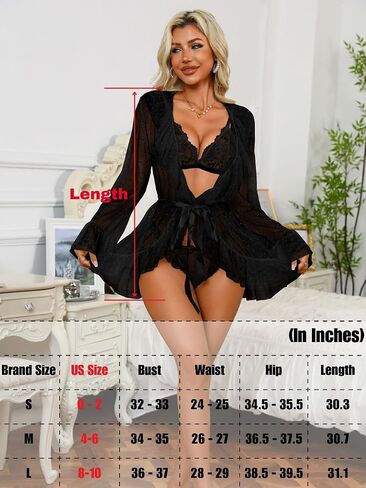 Women's Sexy 3 Piece Lingerie Set, Layered Ruffle Sheer Babydoll Robe with Lace Bra and Panty Set in Saudi Arabia