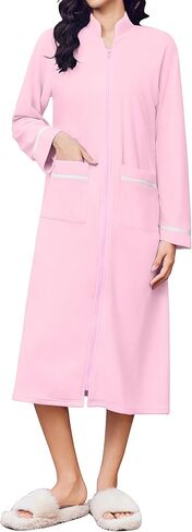 Ekouaer Women's Zipper Robes Long Sleeve Loungewear Knee Length Housecoat Fleece Bathrobe with Pockets S-XXL in Kuwait