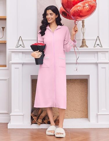 Ekouaer Women's Zipper Robes Long Sleeve Loungewear Knee Length Housecoat Fleece Bathrobe with Pockets S-XXL in Kuwait