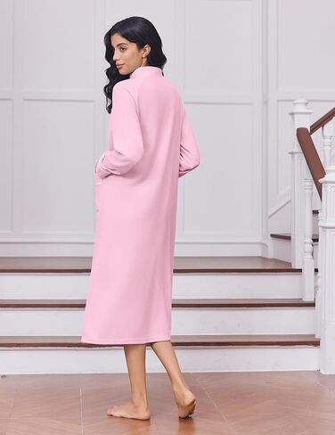 Ekouaer Women's Zipper Robes Long Sleeve Loungewear Knee Length Housecoat Fleece Bathrobe with Pockets S-XXL in Kuwait