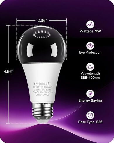 EDISHINE 6 حزمة لمبة الضوء الأسود، 120 فولت 9 واط مصابيح الأشعة فوق البنفسجية مع مستوى الأشعة فوق البنفسجية 385-400 نانومتر، قاعدة A19 E26، لمبة إضاءة سوداء LED لحفلة الضوء الأسود، طلاء الجسم، ملصق الفلورسنت، الهالوين، مدرج في قائمة ETL in Kuwait