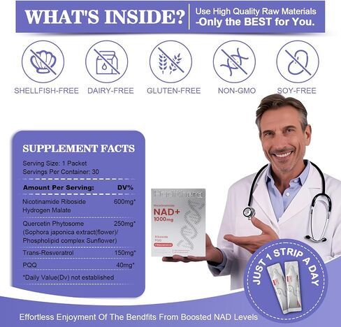 ملحق NAD 1000mg مزيج تآزري مع الريبوسيد النيكوتيناميد ، PQQ & RESVERATROL - مكملات مضادة للشيخوخة المتميزة للطاقة الخلوية والوضوح العقلي وطول العمر (30 حزمة) in Saudi Arabia