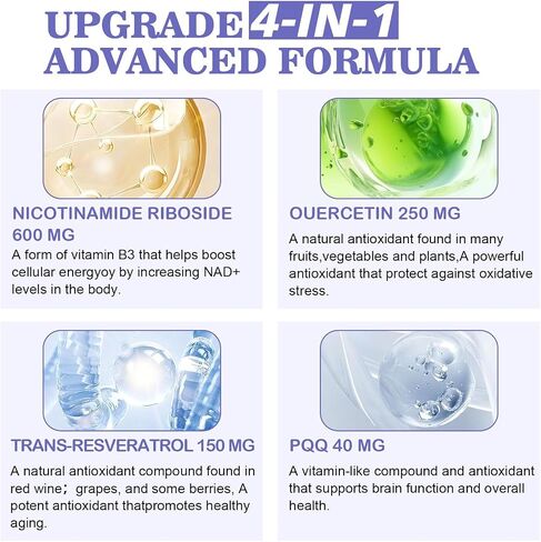 ملحق NAD 1000mg مزيج تآزري مع الريبوسيد النيكوتيناميد ، PQQ & RESVERATROL - مكملات مضادة للشيخوخة المتميزة للطاقة الخلوية والوضوح العقلي وطول العمر (30 حزمة) in Saudi Arabia