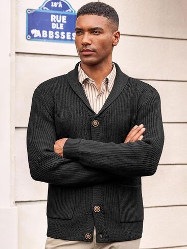 Runcati Mens Shawl Collar Cardigan Sweater Cable Knit Button Down Winter Chunky Sweaters with Pockets in Saudi Arabia