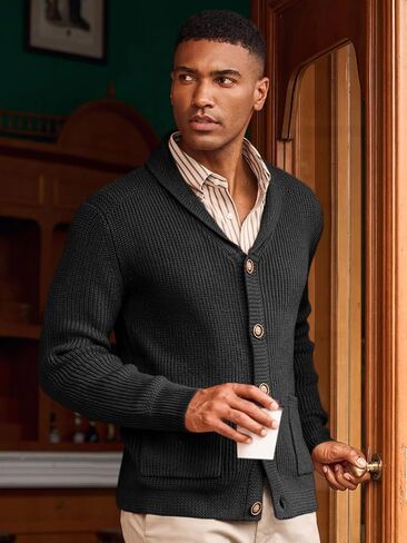 Runcati Mens Shawl Collar Cardigan Sweater Cable Knit Button Down Winter Chunky Sweaters with Pockets in Saudi Arabia