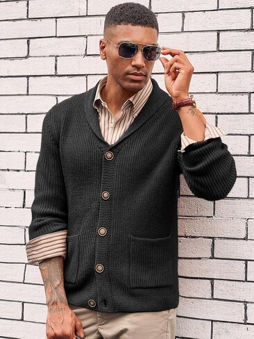 Runcati Mens Shawl Collar Cardigan Sweater Cable Knit Button Down Winter Chunky Sweaters with Pockets in Saudi Arabia