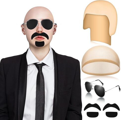 Mepase Bald Caps with Glasses and Mustache Bald Head Wig Cap Party Costume Accessories for Women Men Halloween Cosplay in Kuwait