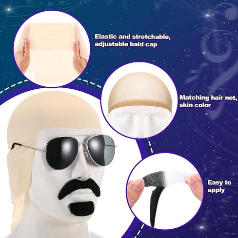 Mepase Bald Caps with Glasses and Mustache Bald Head Wig Cap Party Costume Accessories for Women Men Halloween Cosplay in Kuwait