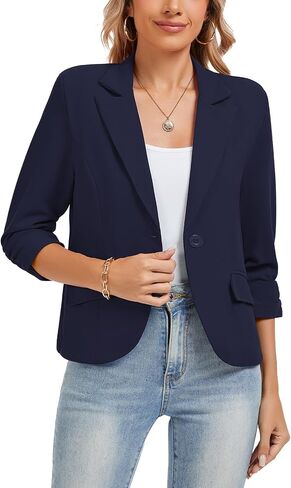 Women's Work Office Cropped Blazer 3/4 Sleeve Pad Shoulder Notched Collar Lightweight Stretch Jacket with Pockets in Saudi Arabia