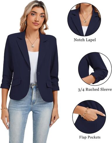 Women's Work Office Cropped Blazer 3/4 Sleeve Pad Shoulder Notched Collar Lightweight Stretch Jacket with Pockets in Saudi Arabia