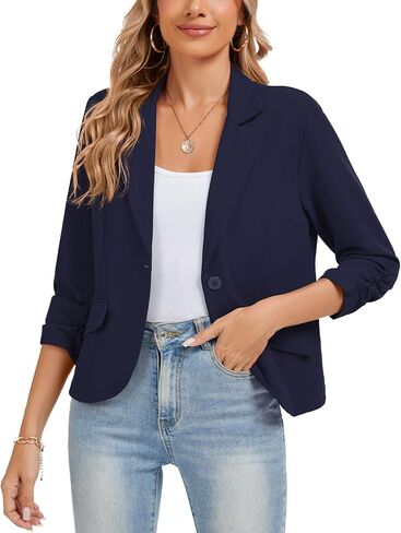 Women's Work Office Cropped Blazer 3/4 Sleeve Pad Shoulder Notched Collar Lightweight Stretch Jacket with Pockets in Saudi Arabia