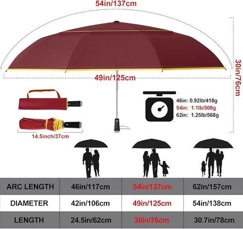 مظلة غولف كبيرة جدًا من ساتول مقاس 62 بوصة - مقاومة للرياح و10 أضلاع مزودة بفتحات تهوية مزدوجة وشرائط عاكسة للضوء تفتح/تغلق تلقائيًا للحماية من الأشعة فوق البنفسجية خفيفة الوزن وصغيرة الحجم للاستخدام في الهواء الطلق والسفر (أحمر) in Kuwait