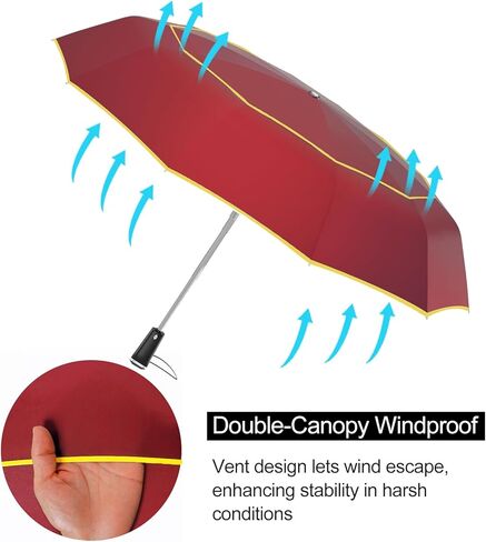 مظلة غولف كبيرة جدًا من ساتول مقاس 62 بوصة - مقاومة للرياح و10 أضلاع مزودة بفتحات تهوية مزدوجة وشرائط عاكسة للضوء تفتح/تغلق تلقائيًا للحماية من الأشعة فوق البنفسجية خفيفة الوزن وصغيرة الحجم للاستخدام في الهواء الطلق والسفر (أحمر) in Kuwait